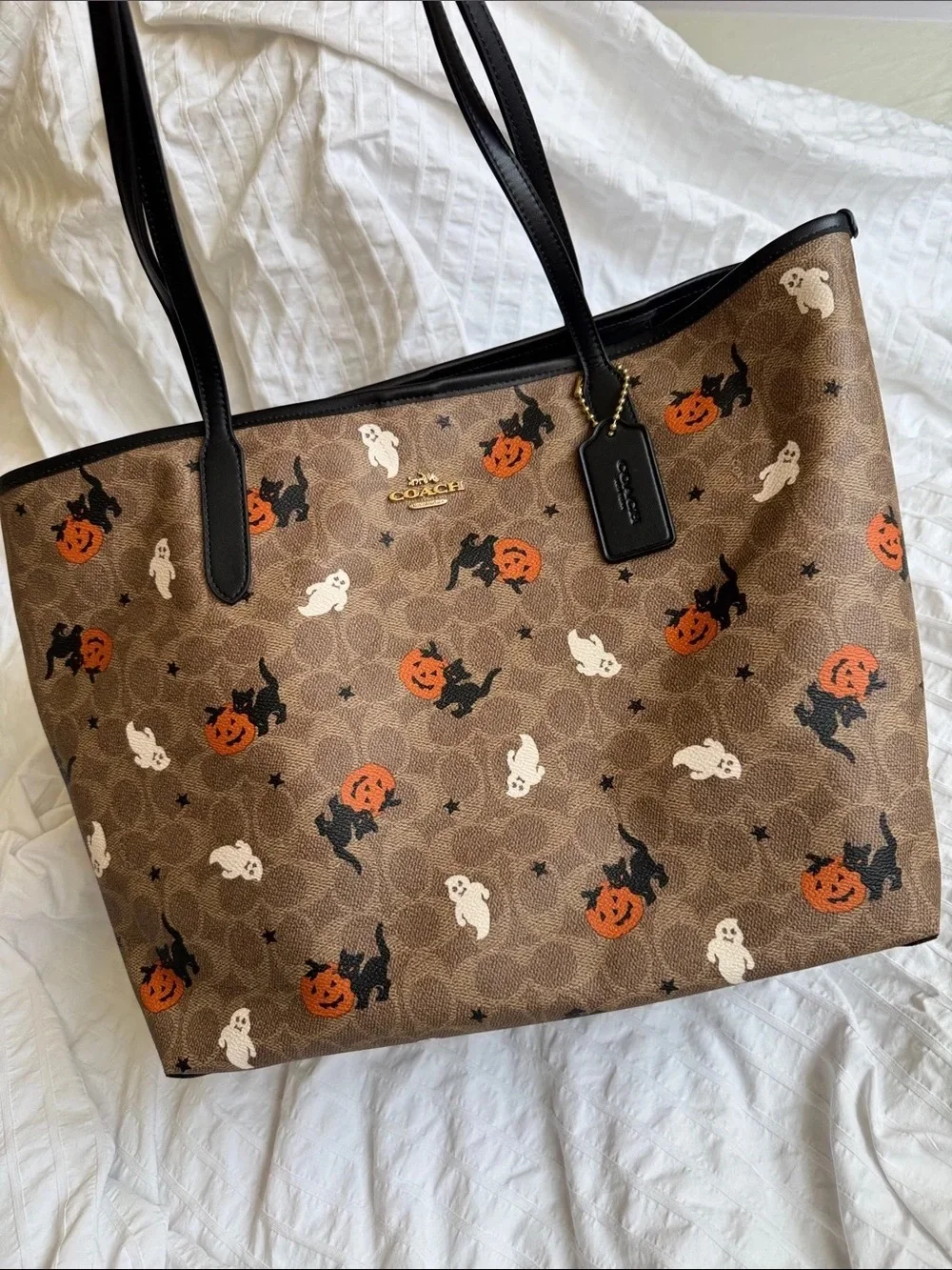Coach Brown Canvas Tote with Halloween Pumpkin & Ghost Print